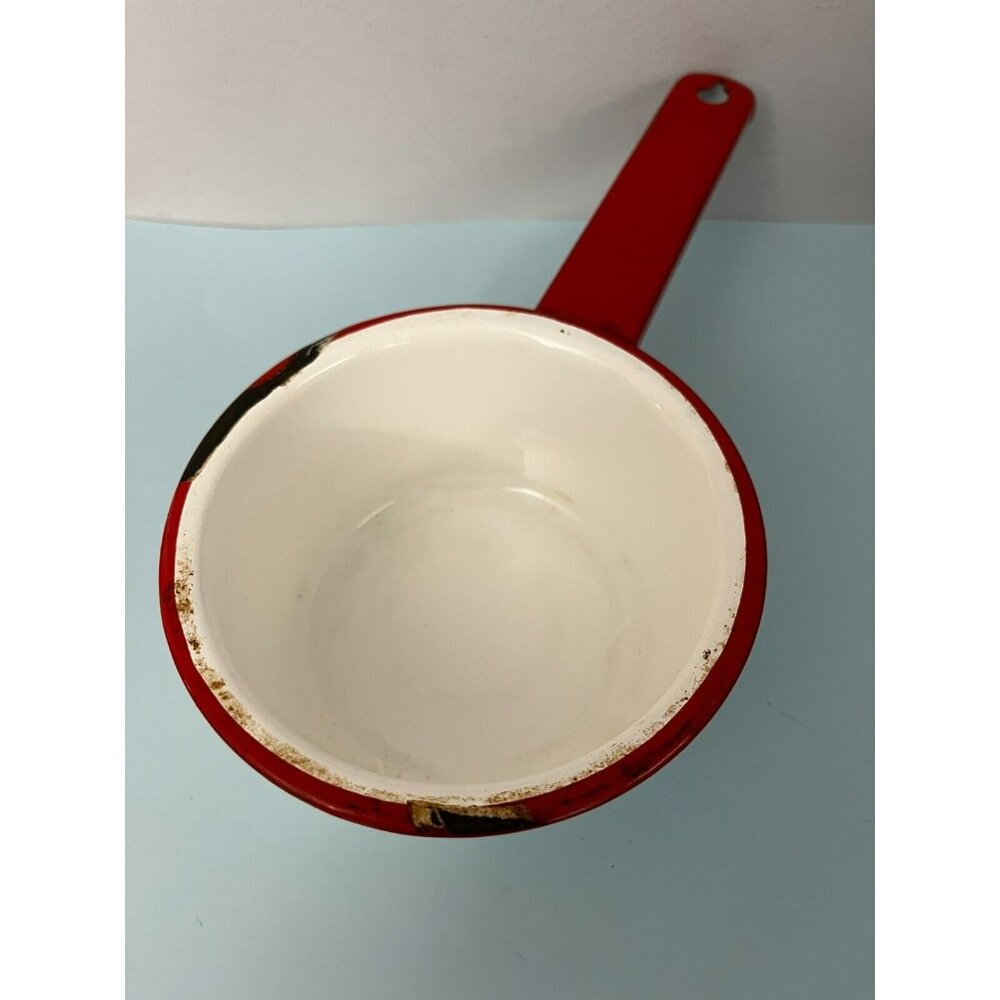 Vintage Antique White Red Metal Enamelware  Saucepan Pot 5"